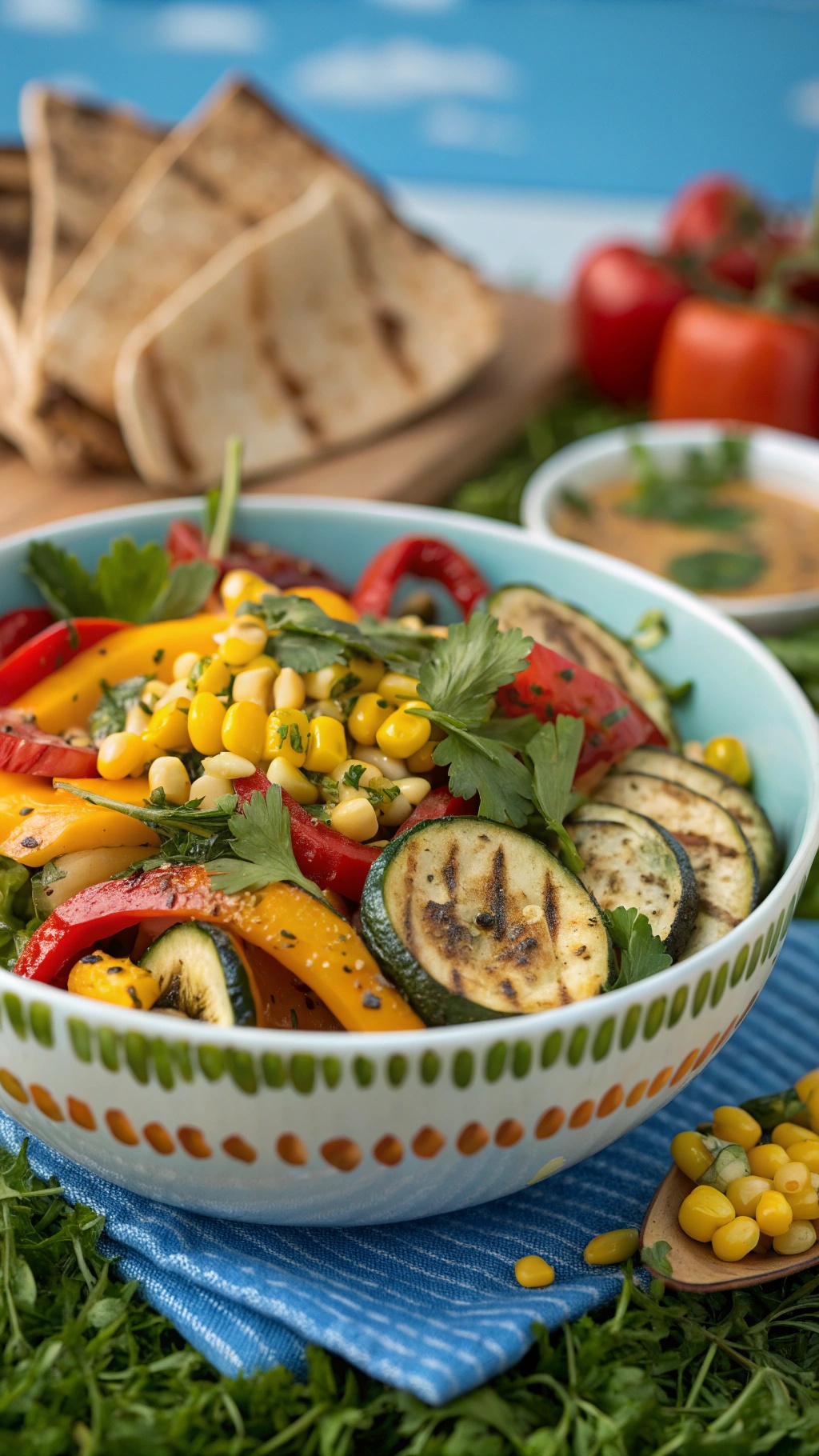 A colorful bowl of grilled vegetable taco salad with zucchini, bell peppers, corn, and cilantro.