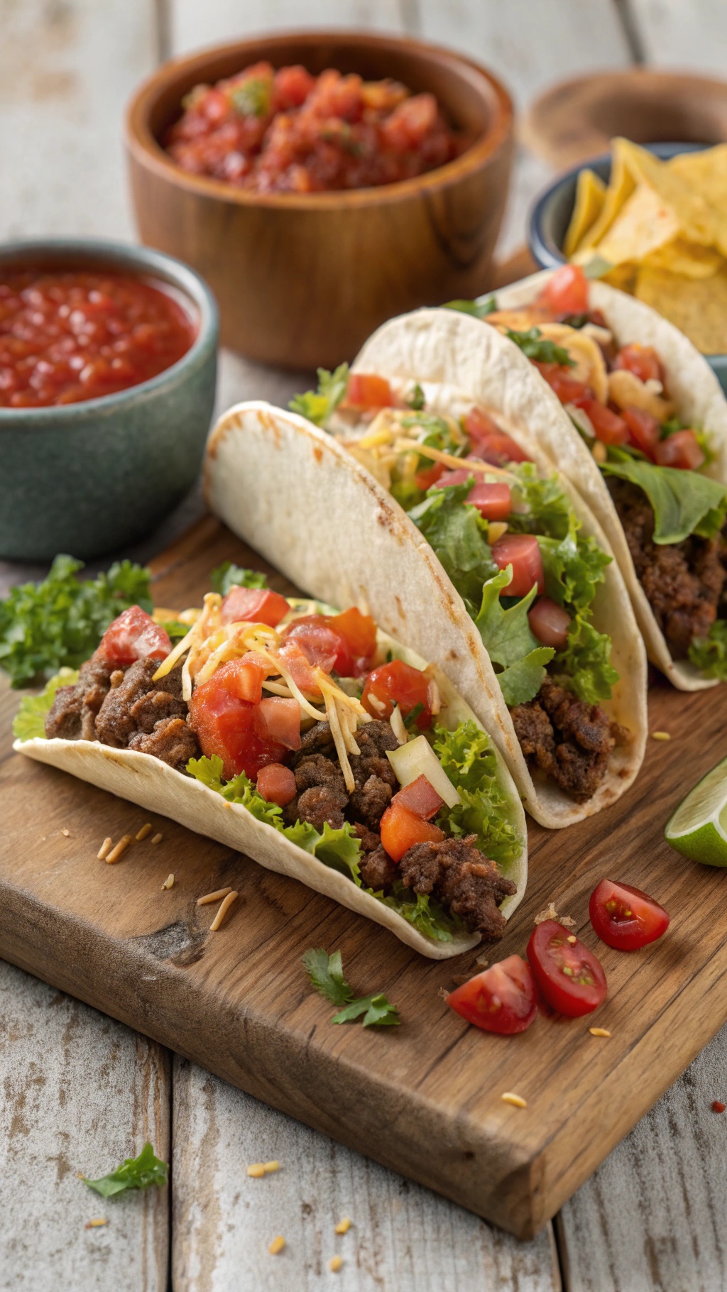 Ground beef tacos with lettuce, tomatoes, cheese, and salsa on a wooden board.