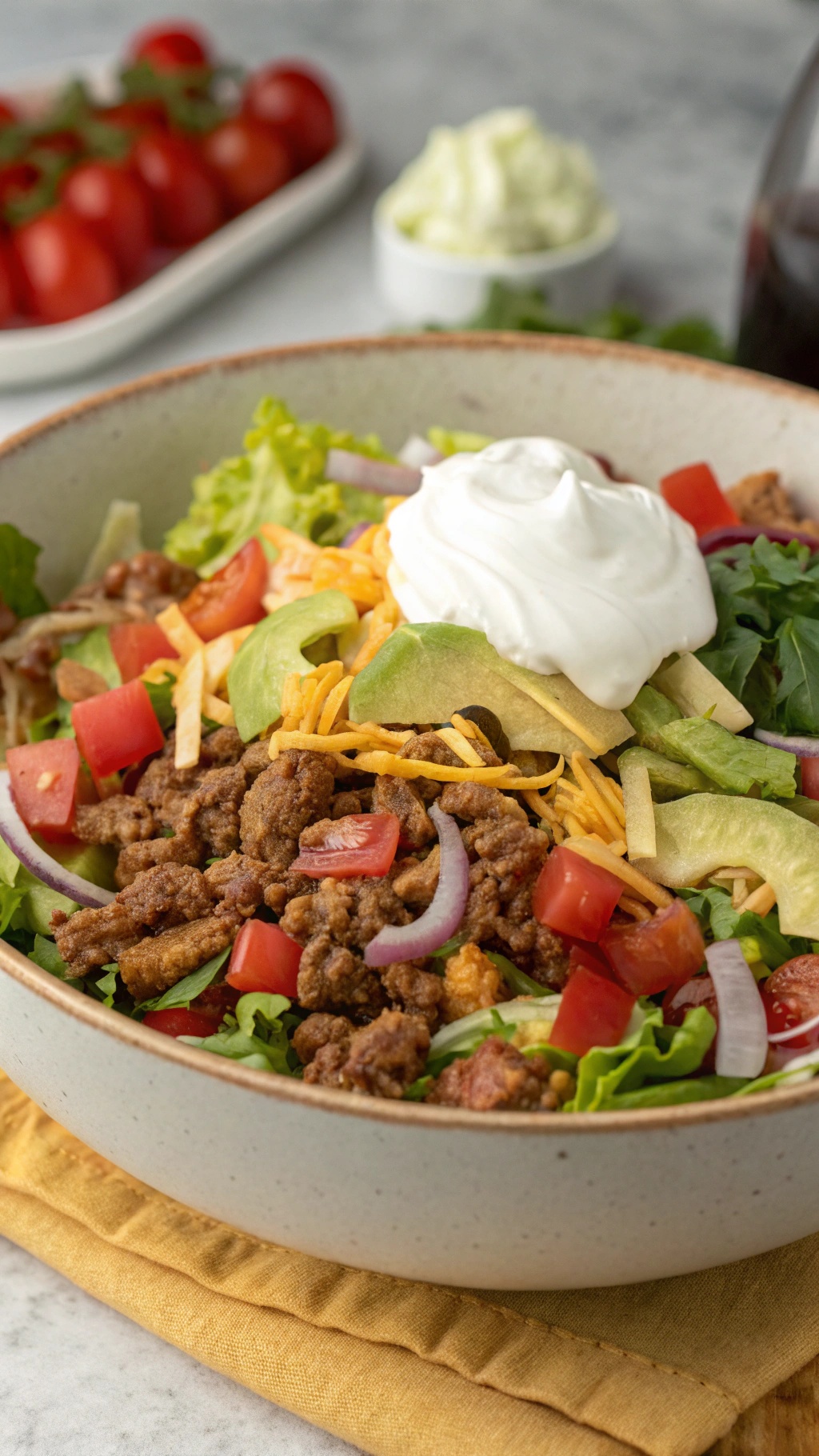 A colorful ground turkey taco salad topped with Greek yogurt, served in a bowl.