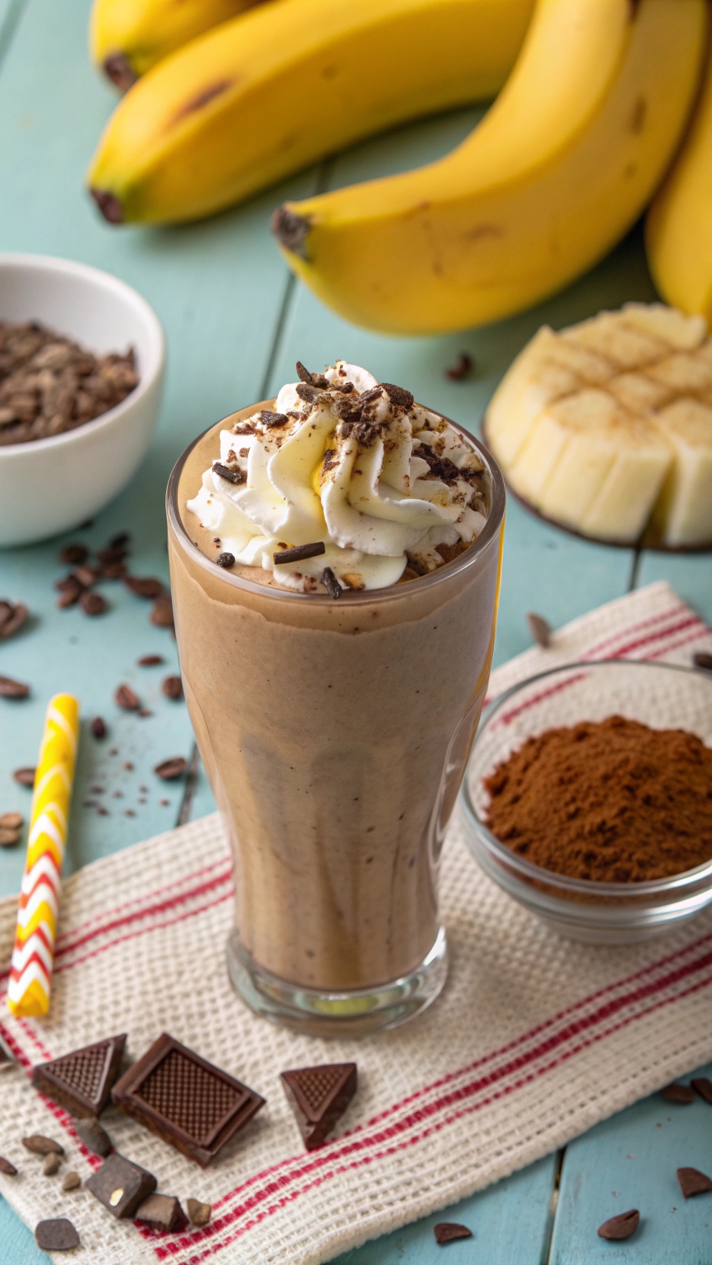 A delicious banana chocolate smoothie topped with whipped cream and chocolate shavings, with fresh bananas and cocoa powder in the background.