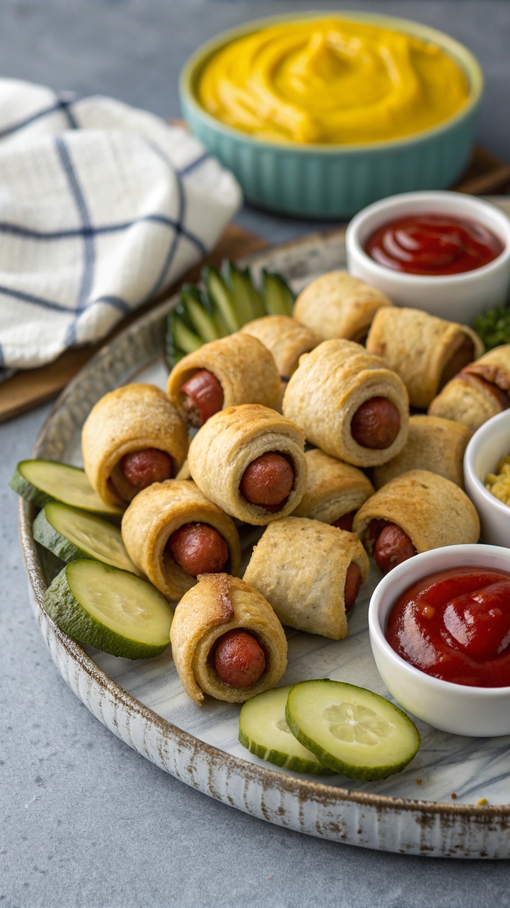 A platter of healthy pigs in a blanket with dipping sauces and cucumber slices.