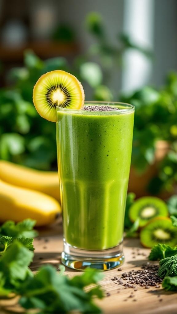 A refreshing green smoothie made with spinach, kale, banana, and kiwi, garnished with a slice of kiwi.