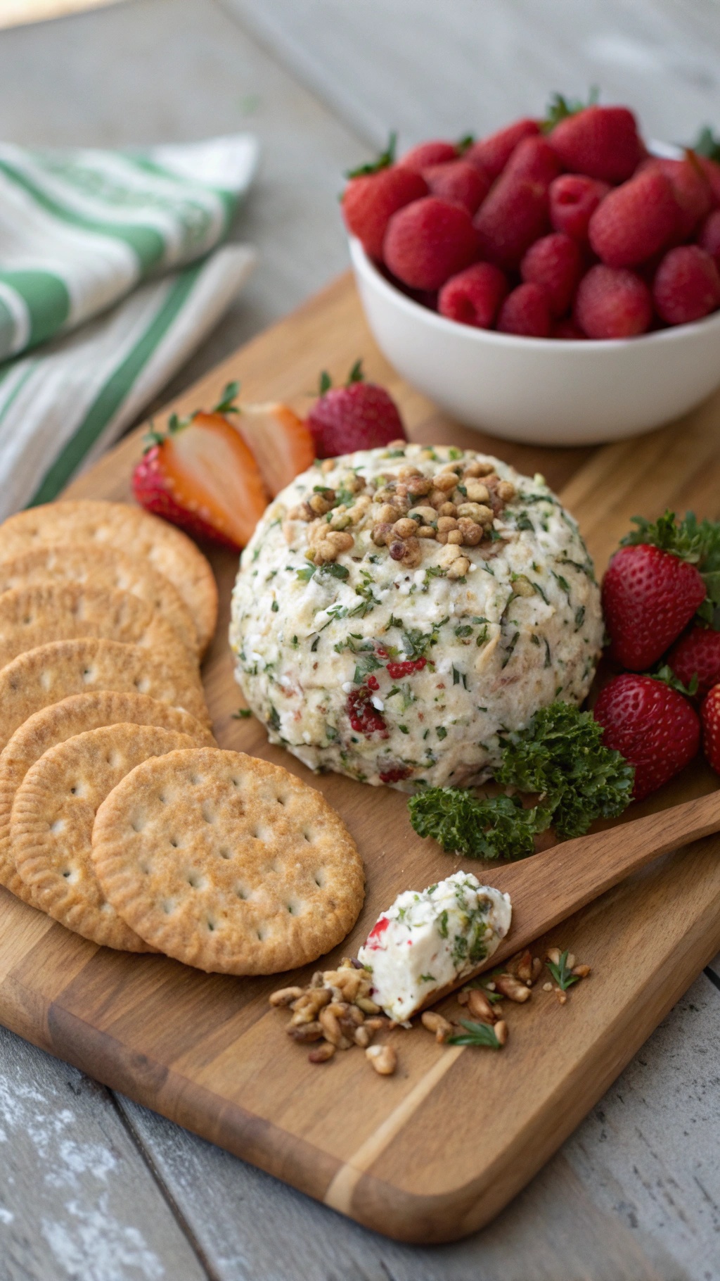 A healthy cheese ball surrounded by fresh fruits and whole-grain crackers on a wooden board.