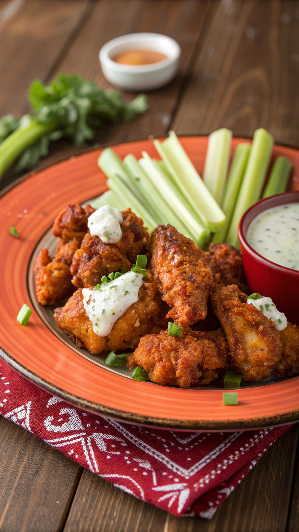 A plate of baked buffalo chicken wings with celery sticks and dipping sauce.