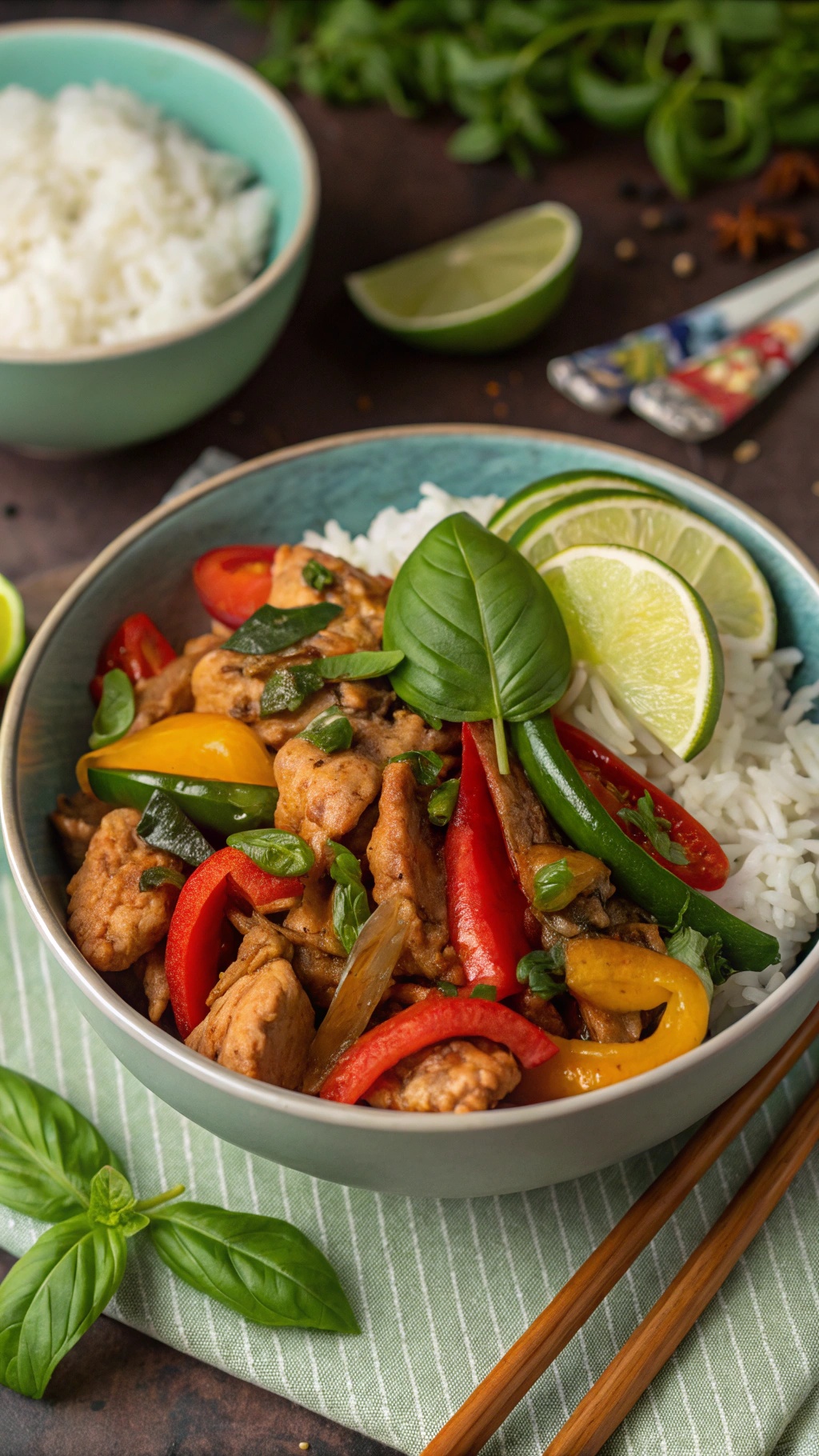 A bowl of Thai Basil Chicken with colorful bell peppers and rice, garnished with lime and basil.
