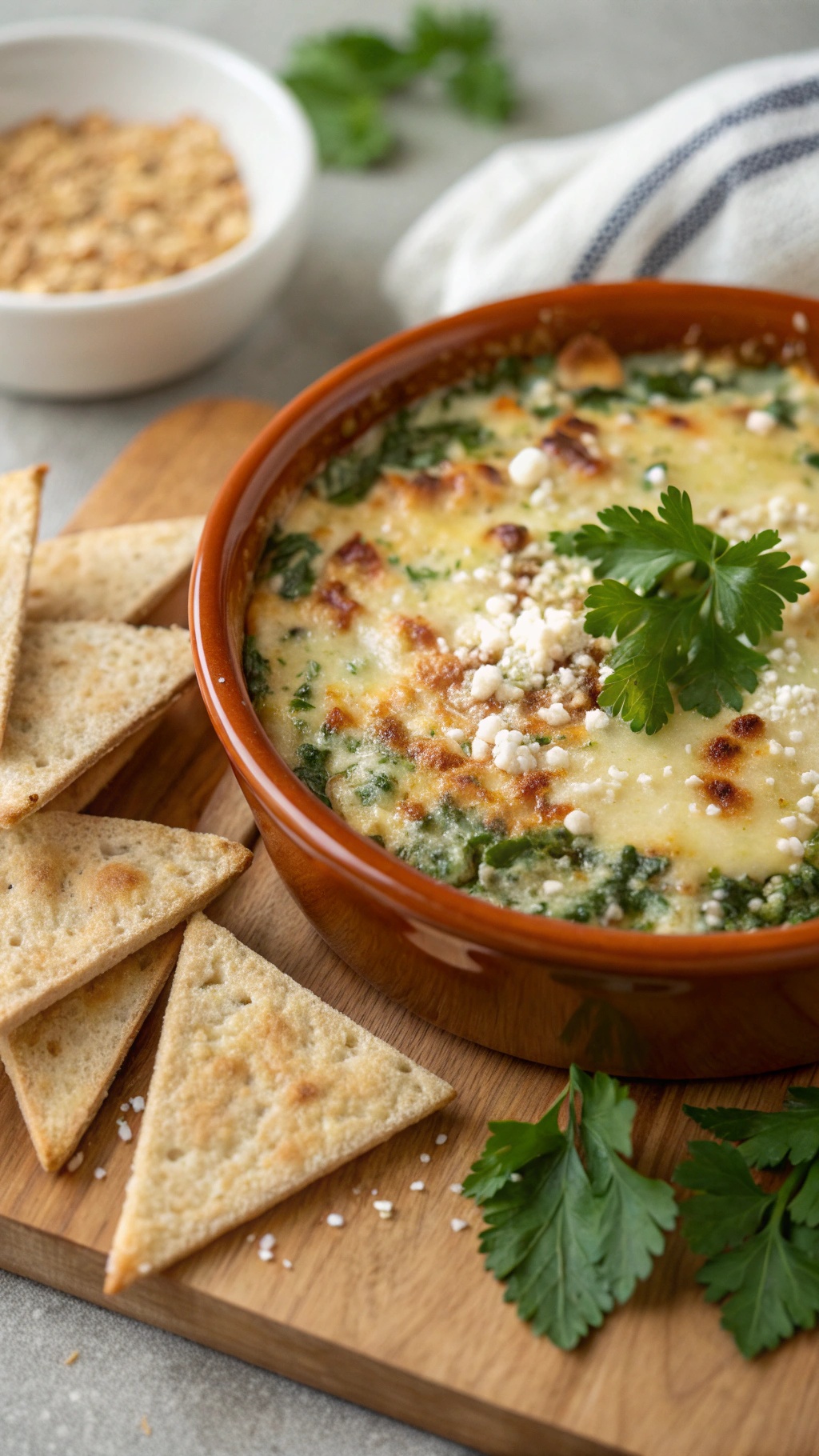 Healthy baked spinach artichoke dip with pita chips on a wooden board