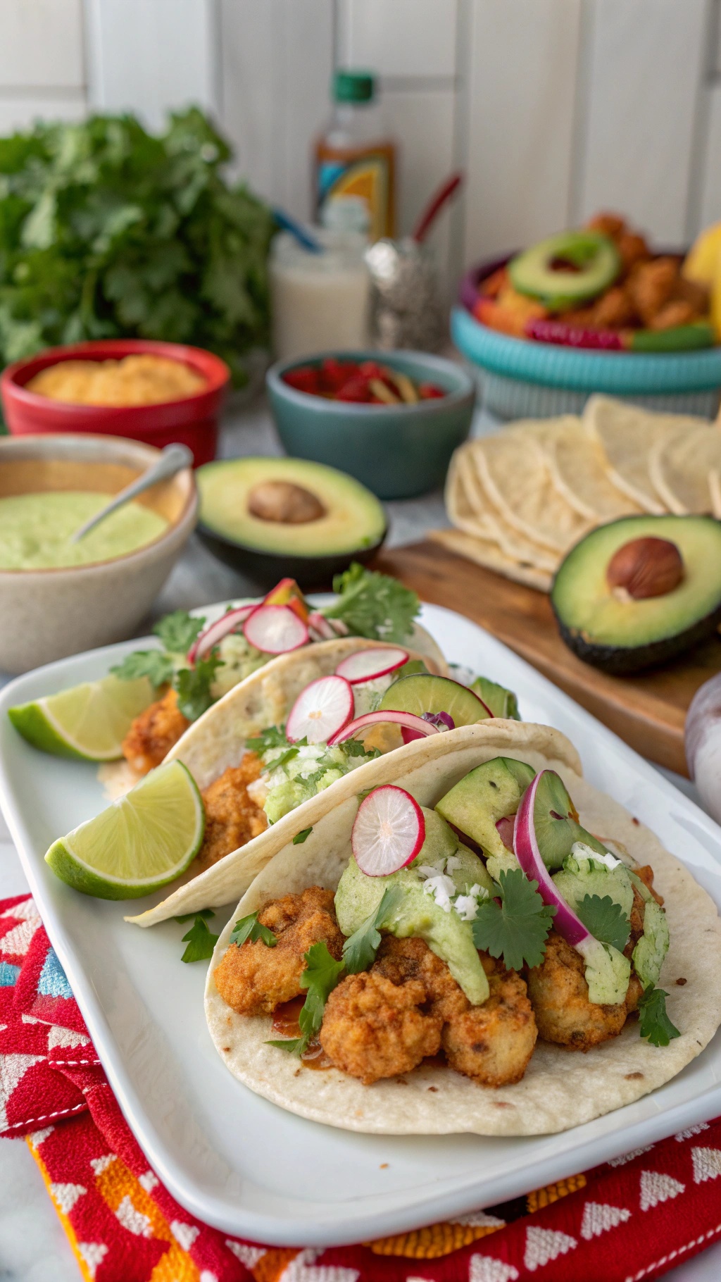 Healthy cauliflower tacos topped with avocado, radishes, and cilantro, served with lime wedges.