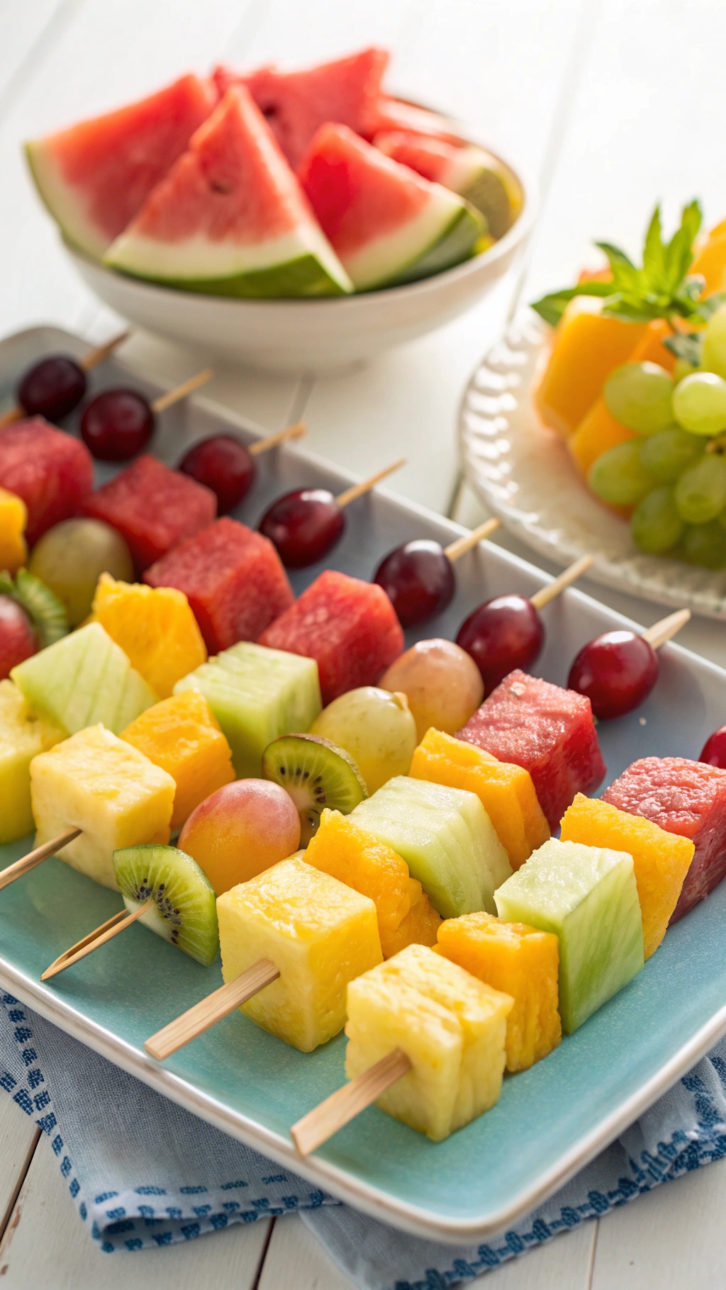 Colorful fruit skewers with watermelon, pineapple, honeydew, grapes, and kiwi on a plate.