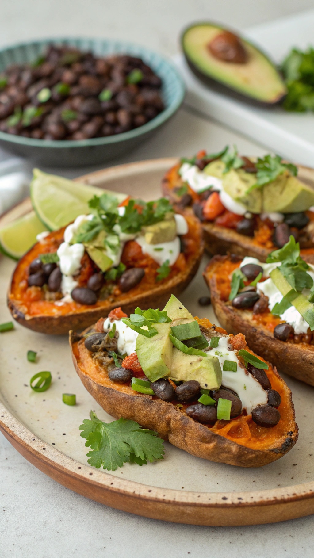 Healthy loaded sweet potato skins topped with black beans, tomatoes, avocado, and sour cream