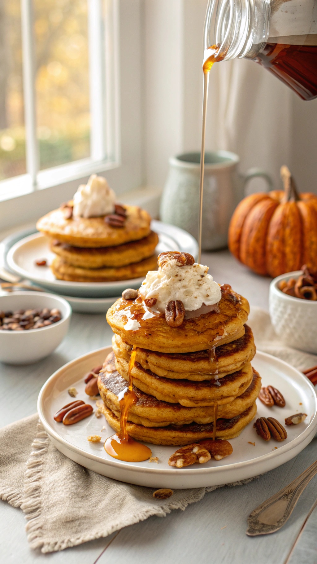 A stack of healthy pumpkin pancakes topped with whipped cream and pecans, with syrup being poured over them.
