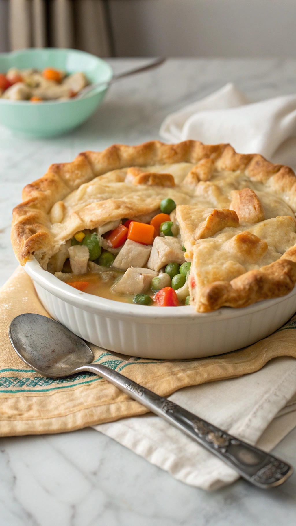 A golden-brown chicken pot pie with a flaky crust, filled with colorful vegetables and chicken.