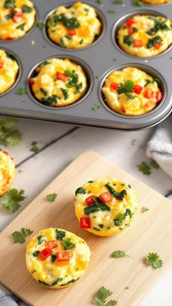 A tray of colorful egg muffins with spinach and red peppers, garnished with herbs.