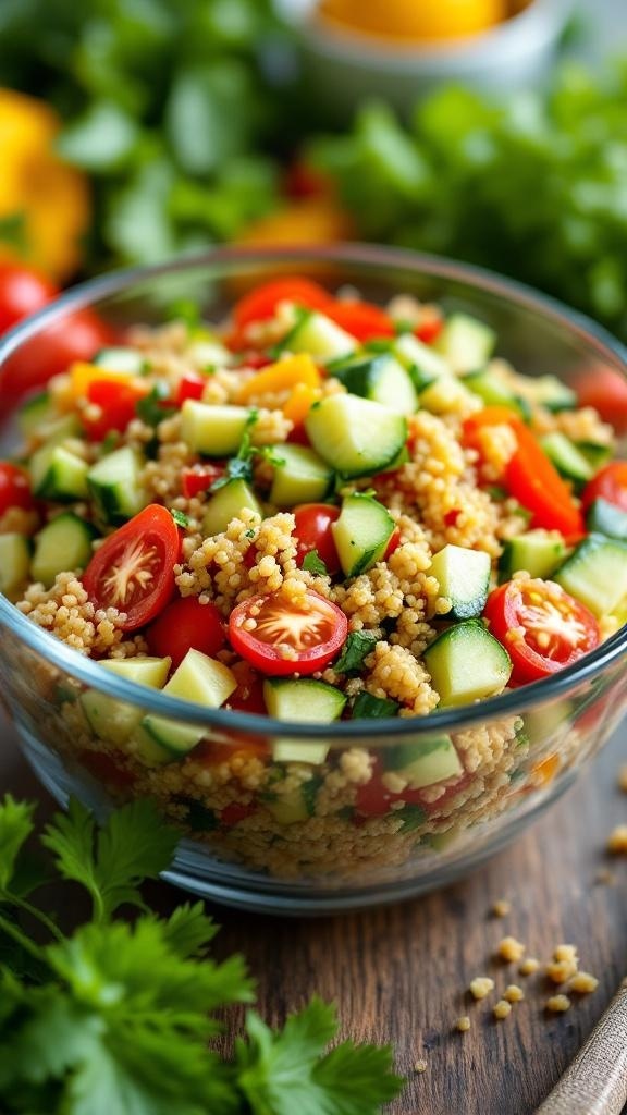 A colorful quinoa salad with cherry tomatoes, cucumbers, and herbs in a glass bowl.