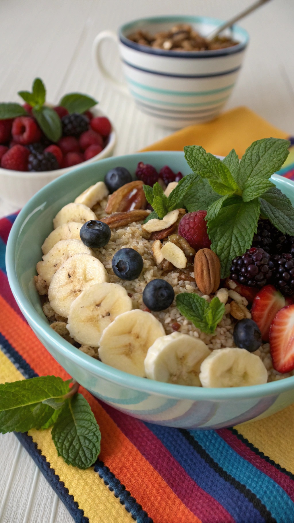 A colorful bowl of quinoa topped with sliced bananas, berries, nuts, and mint leaves.