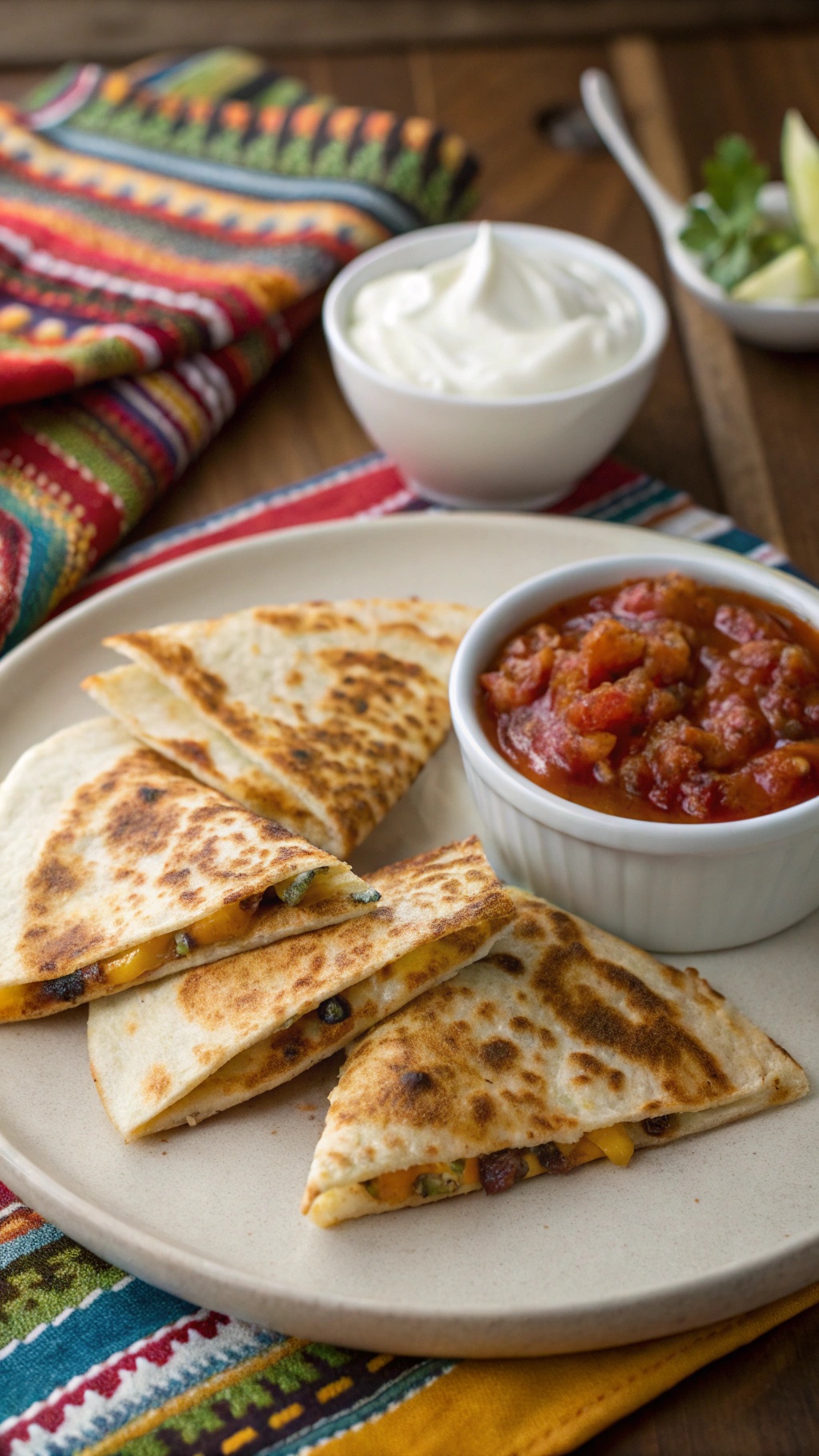 Hearty bean and cheese quesadillas served with salsa and sour cream on a colorful tablecloth.