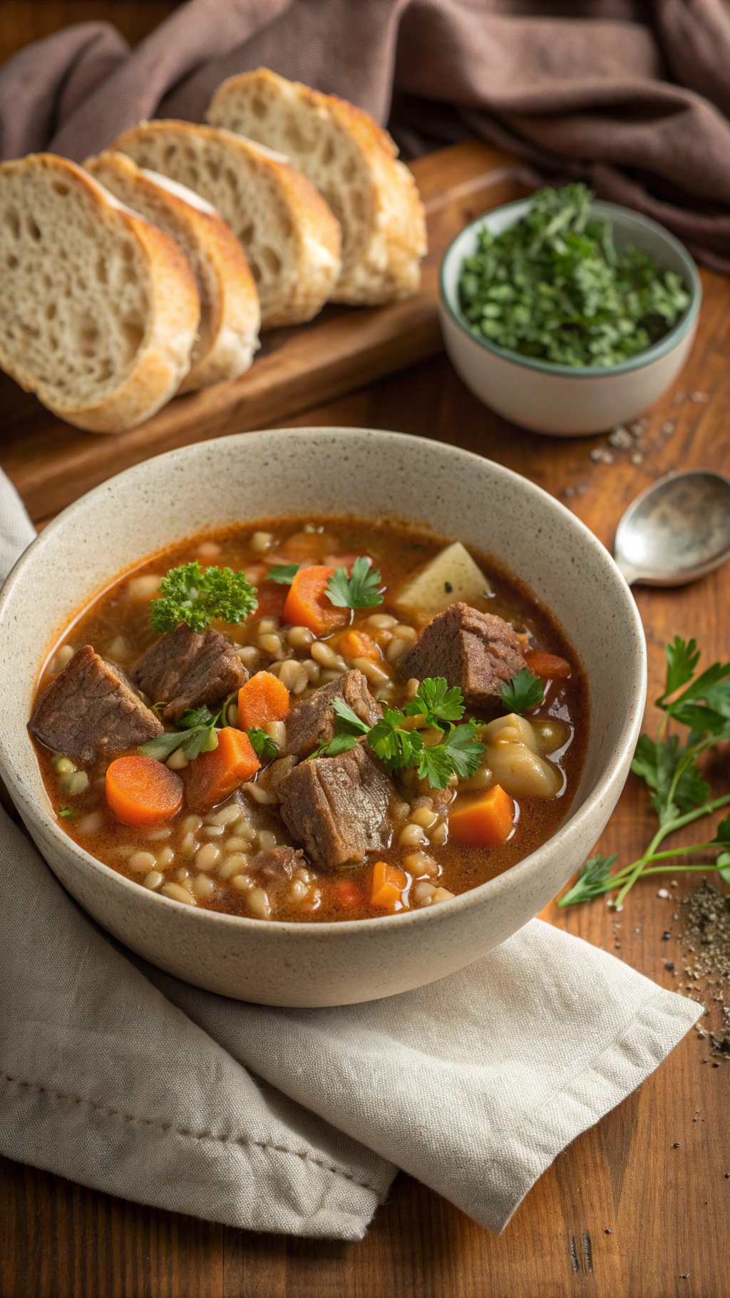 A bowl of hearty beef and barley stew with carrots and parsley, served with slices of bread.