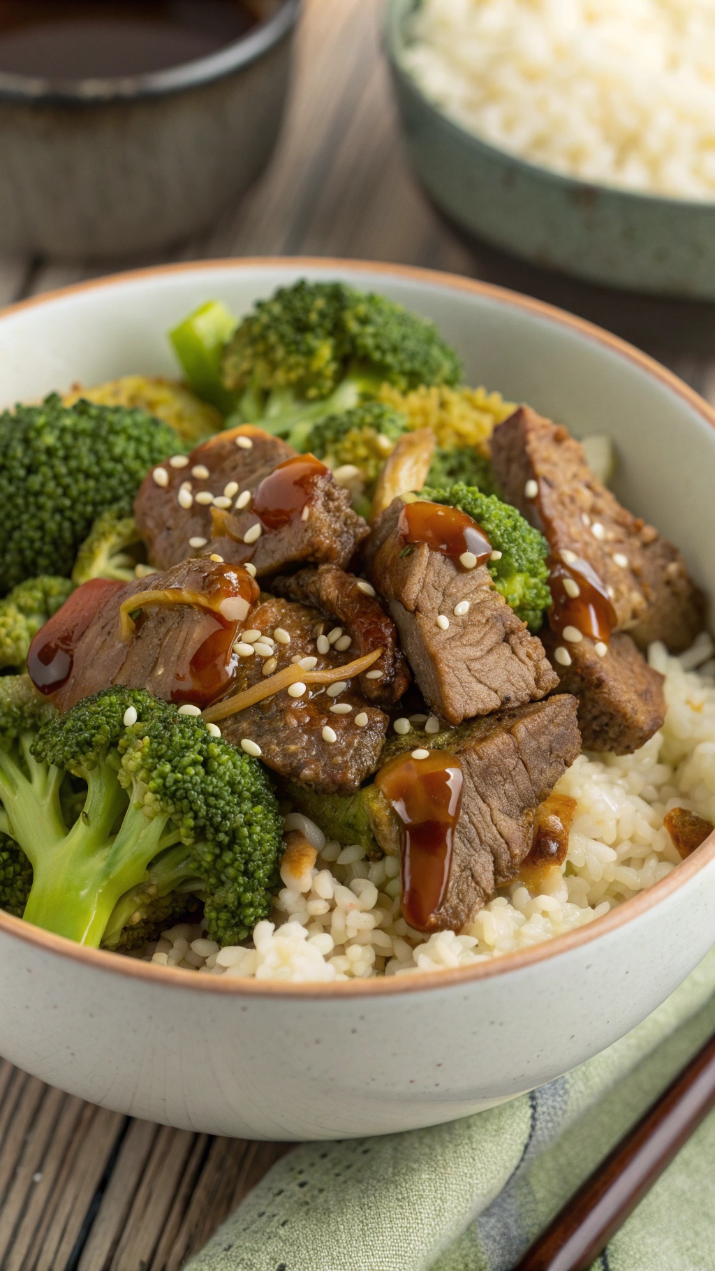 A hearty beef and broccoli bowl with tender beef, vibrant broccoli, and sesame seeds.