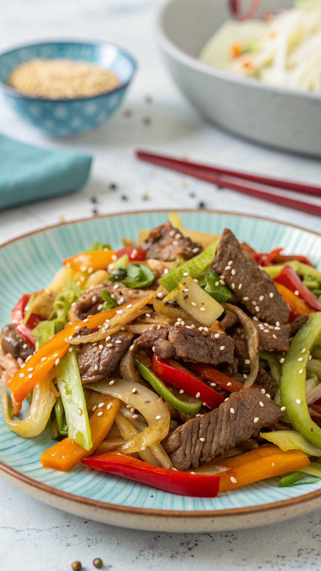 A colorful plate of beef and cabbage stir-fry with bell peppers and sesame seeds.