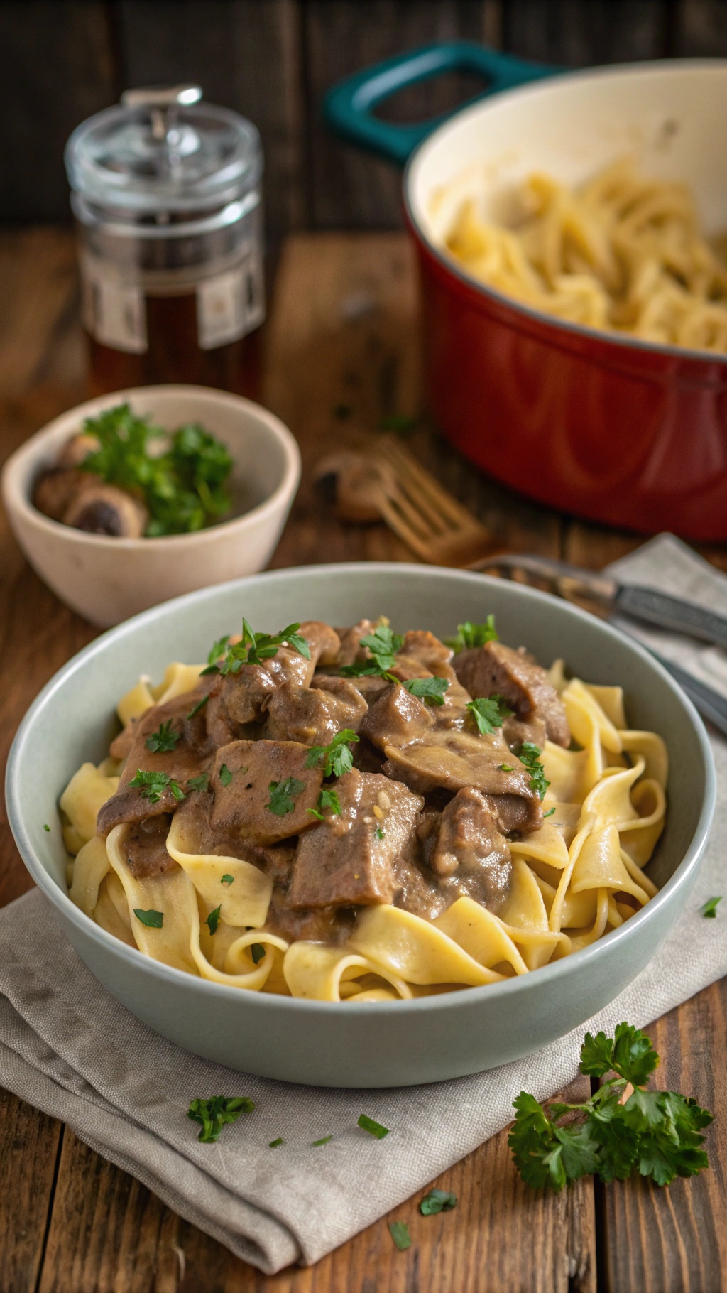 A bowl of hearty beef and mushroom stroganoff served over egg noodles, garnished with parsley.