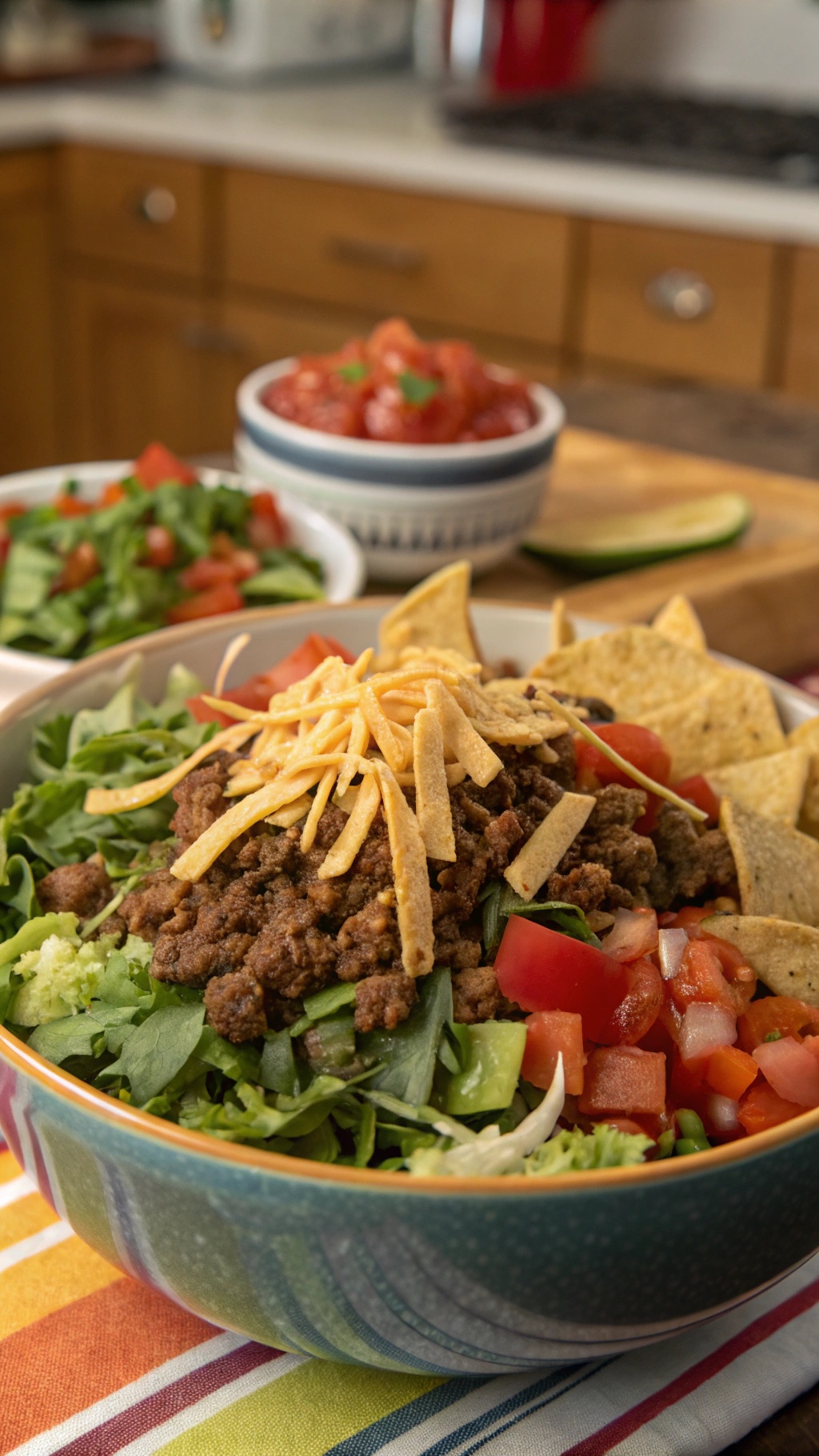A hearty beef taco salad with ground beef, mixed greens, diced tomatoes, cheese, and tortilla strips in a colorful bowl.