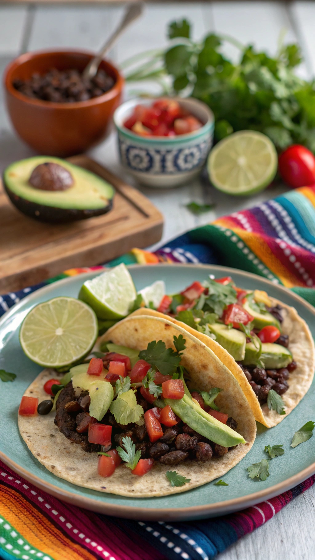 Hearty black bean tacos with avocado, tomatoes, and lime on a colorful tablecloth