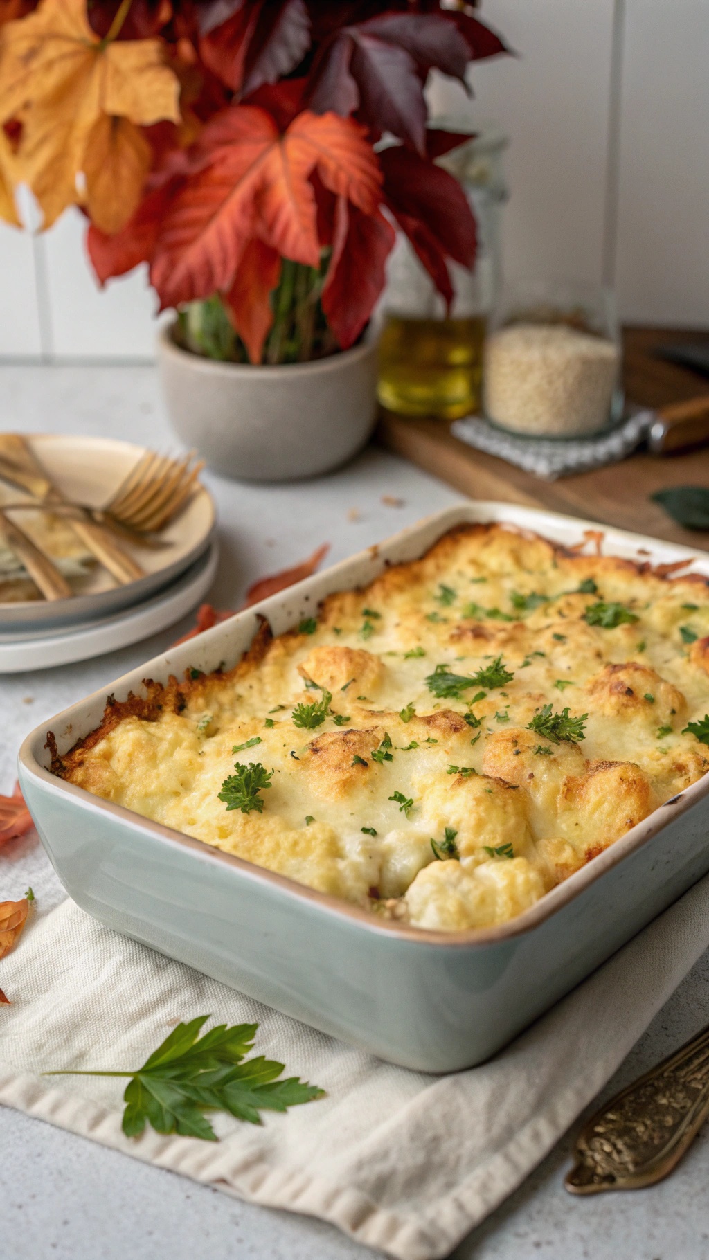A hearty cauliflower and cheese bake in a dish, topped with parsley and surrounded by autumn leaves.