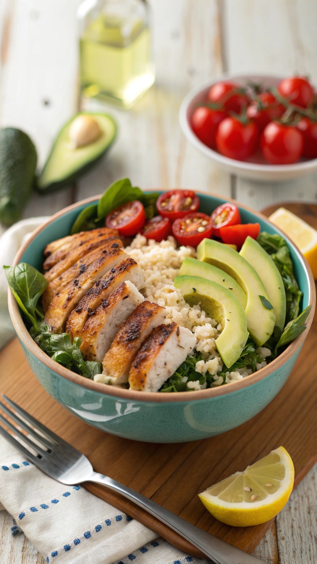 A hearty cauliflower rice bowl with grilled chicken, avocado slices, cherry tomatoes, and spinach.