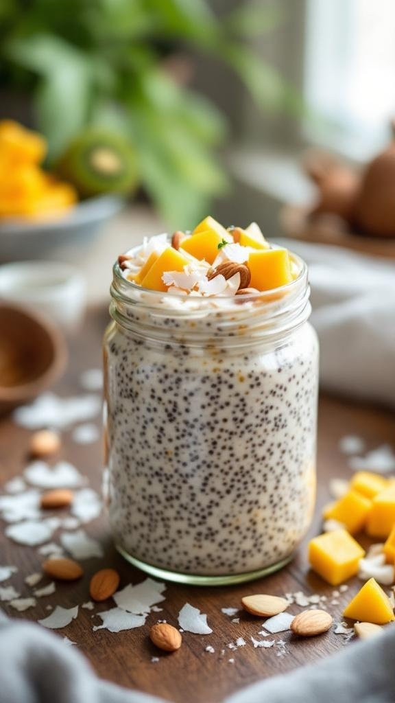 A jar of chia seed pudding topped with mango, coconut flakes, and almonds.