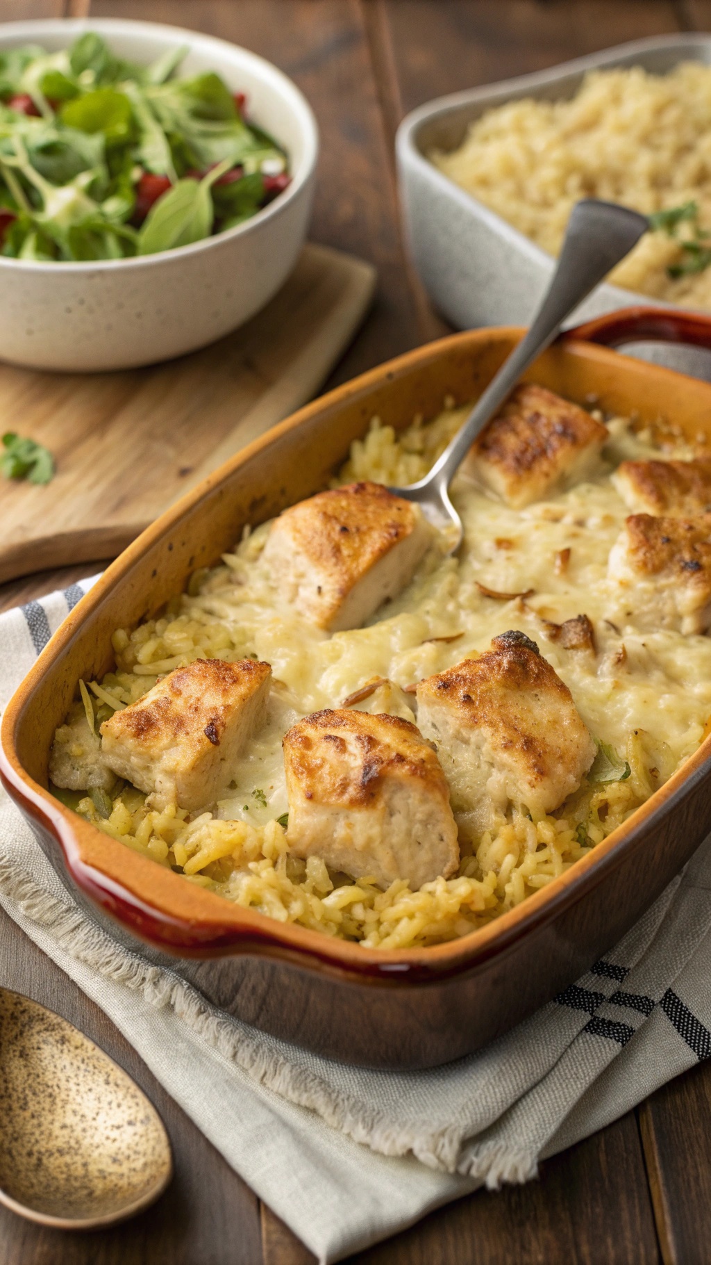 A hearty chicken and rice casserole in a baking dish, with a side salad and rice on a wooden table.