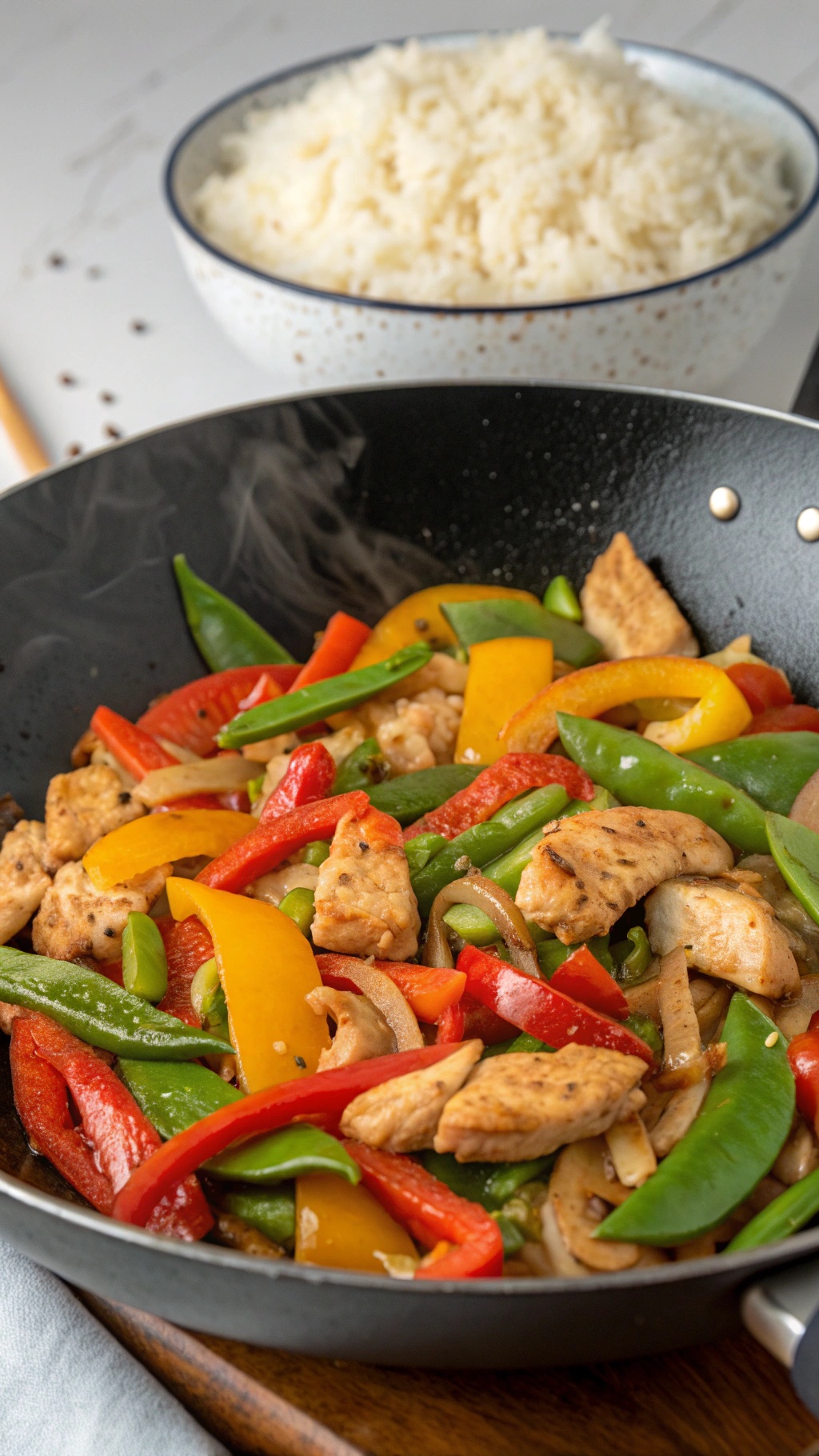 A colorful chicken and vegetable stir-fry in a wok with rice in the background.
