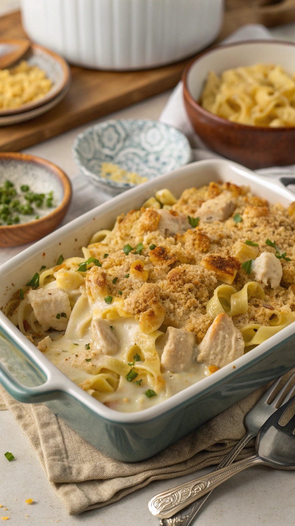 A hearty chicken noodle casserole topped with crispy breadcrumbs and garnished with green herbs.