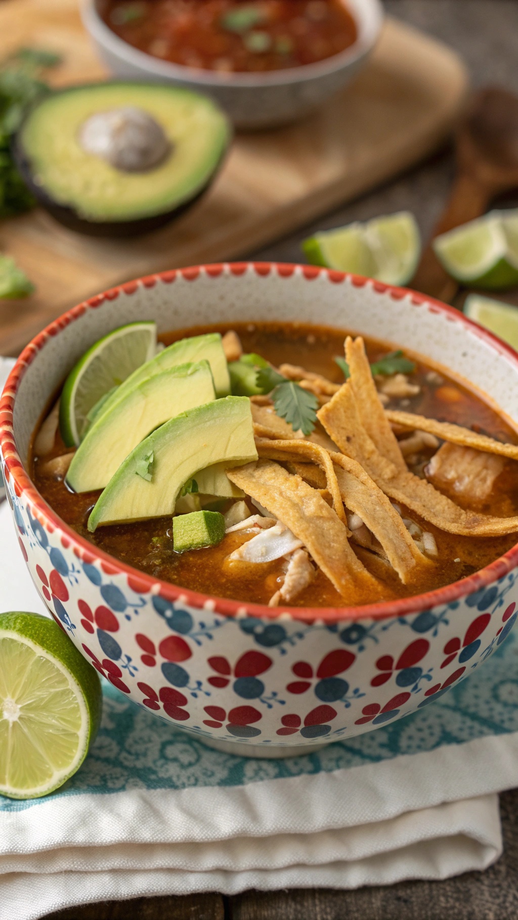 A bowl of Chicken Tortilla Soup topped with avocado, tortilla strips, and lime wedges.