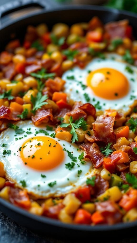 A hearty keto breakfast skillet with eggs, bacon, and colorful vegetables.