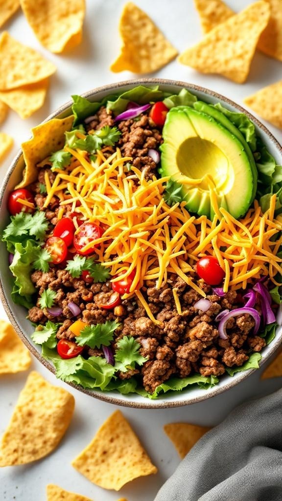 A colorful keto taco salad bowl with ground beef, lettuce, tomatoes, cheese, avocado, and tortilla chips.