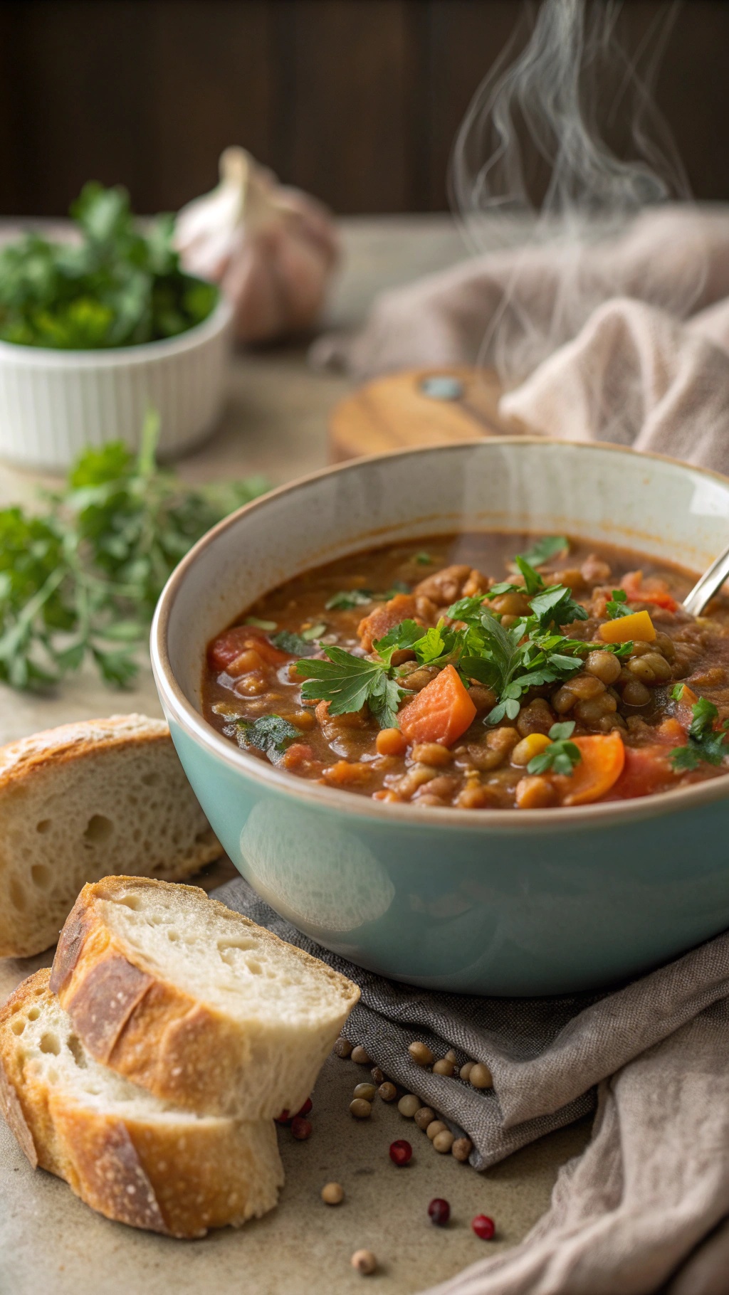 A bowl of hearty lentil and vegetable soup with slices of bread on the side.