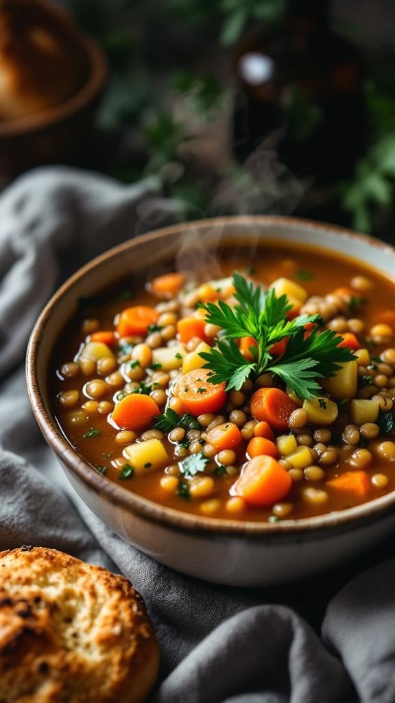 A bowl of hearty lentil and vegetable soup with carrots and potatoes, garnished with parsley, next to a piece of bread.