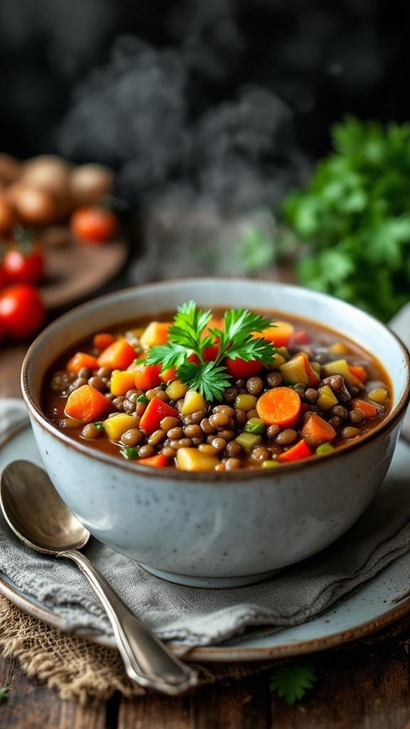 A bowl of hearty lentil and vegetable stew garnished with parsley, surrounded by fresh vegetables.