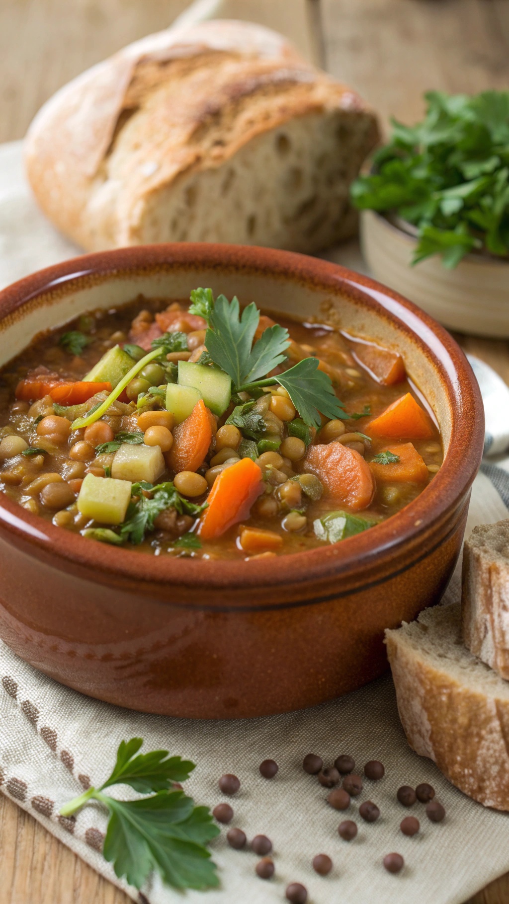 A bowl of hearty lentil and vegetable stew with fresh parsley and rustic bread on the side.