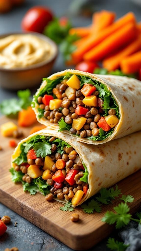 Hearty lentil and vegetable wraps filled with colorful veggies and lentils, served with hummus and carrots.