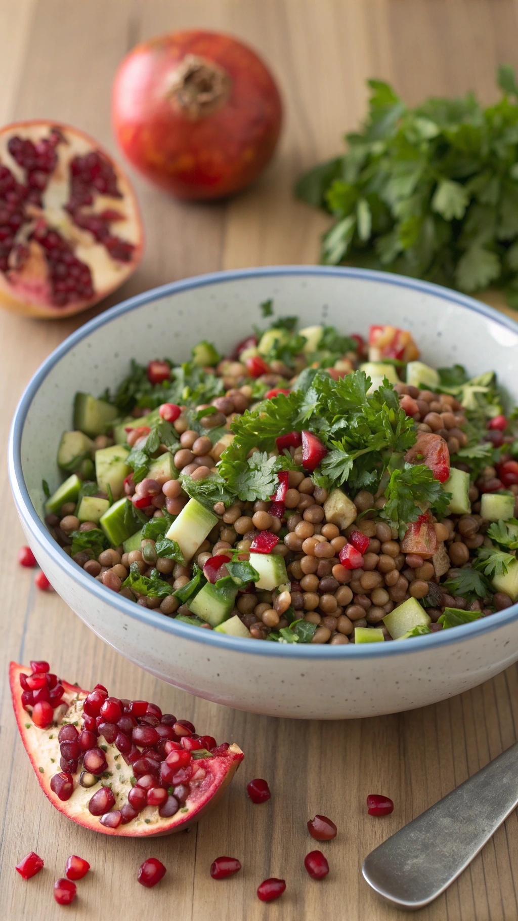 A colorful bowl of hearty lentil salad with pomegranate seeds, cucumbers, and fresh herbs.