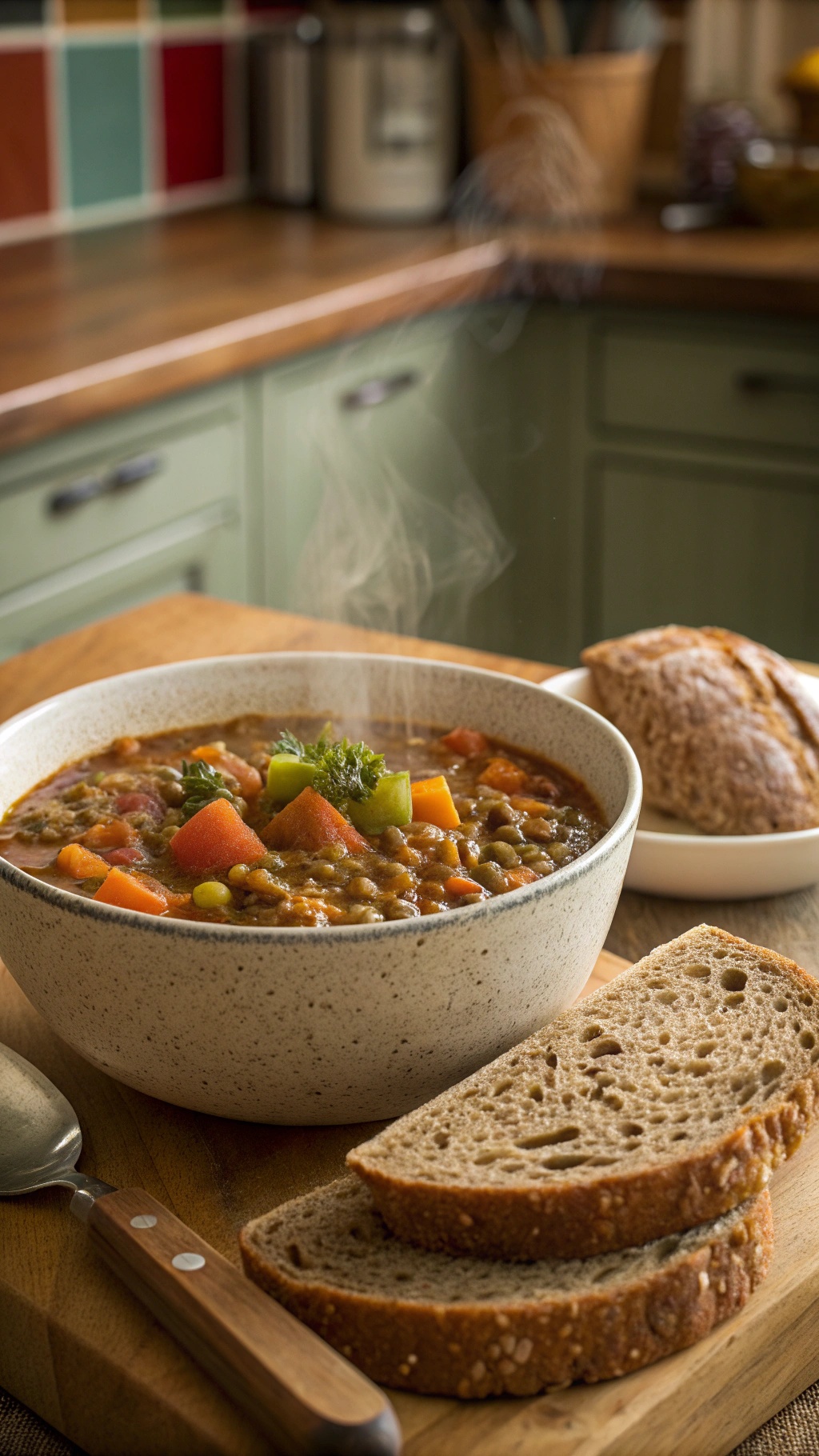 A steaming bowl of hearty lentil stew with colorful vegetables and slices of whole grain bread on the side.