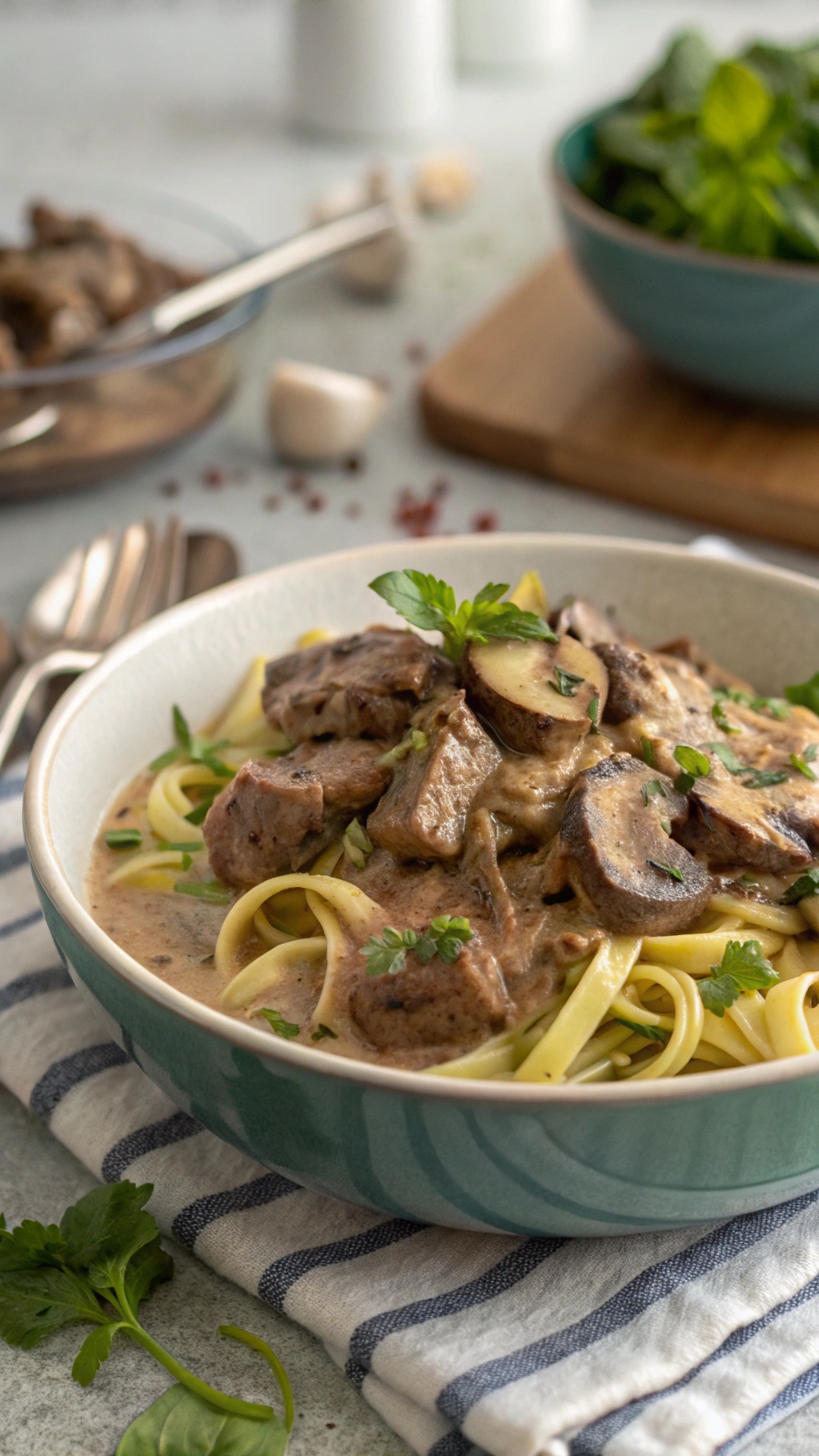 A bowl of hearty low carb beef stroganoff with mushrooms and herbs on top.