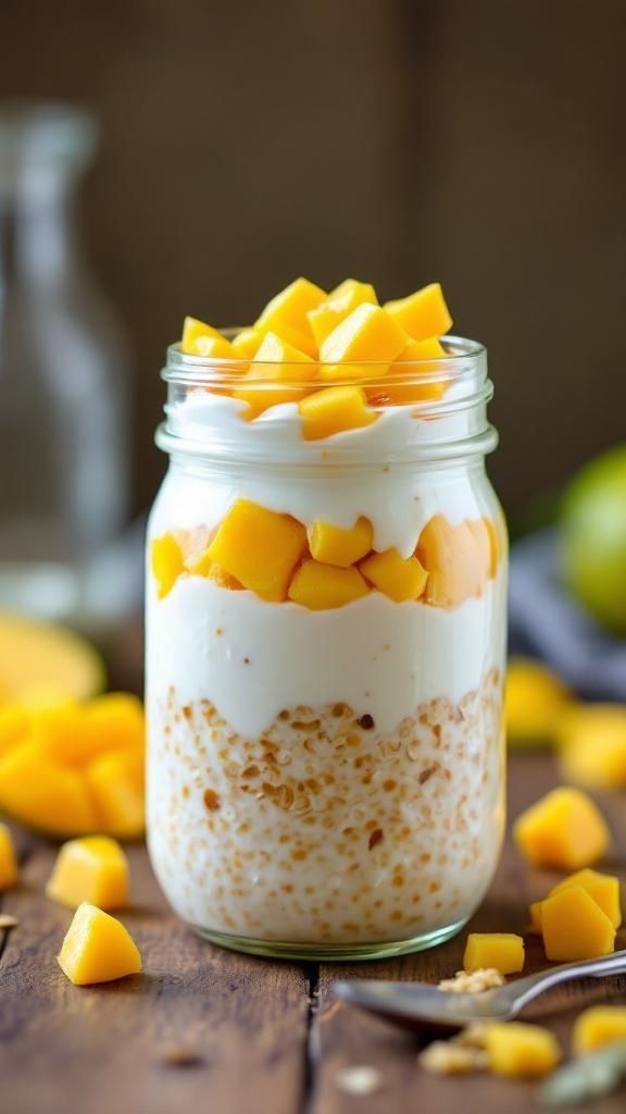 A jar of mango overnight oats with layers of oats, yogurt, and fresh mango chunks.