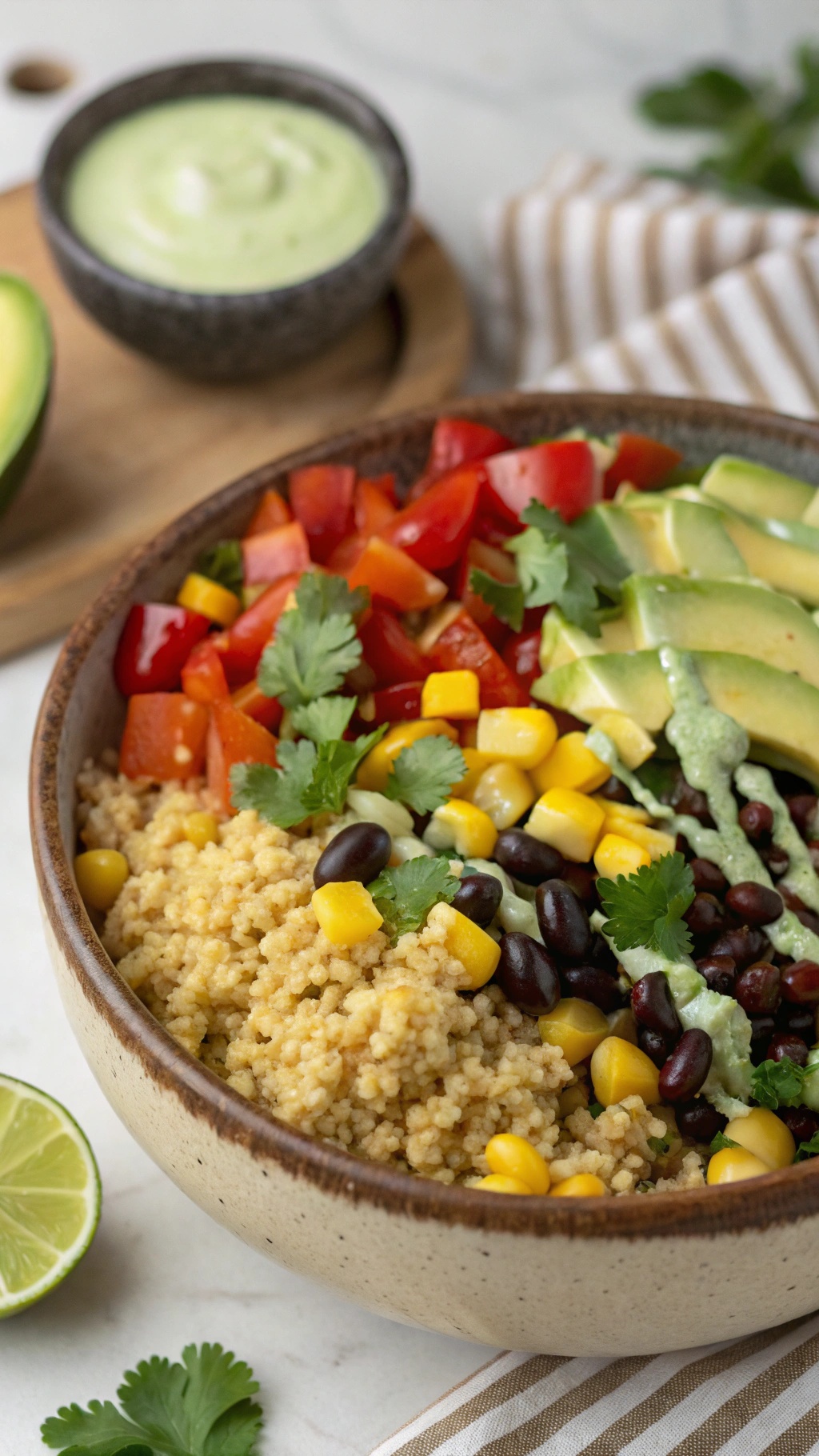 A colorful quinoa taco salad with black beans, corn, diced red bell pepper, avocado slices, and a creamy dressing.