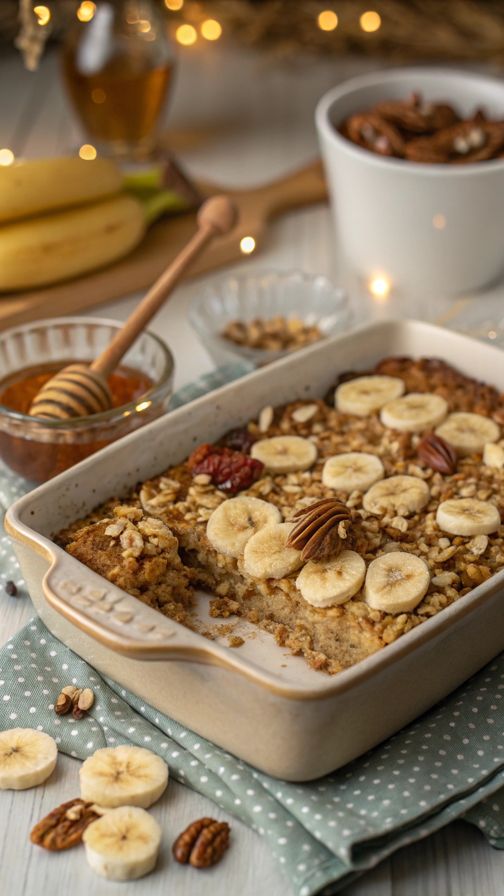 Hearty oatmeal breakfast casserole topped with banana slices and pecans, served in a baking dish.