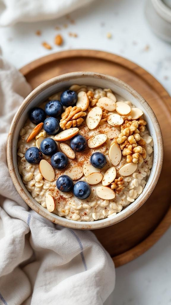 A bowl of hearty oatmeal topped with blueberries, almonds, and walnuts.