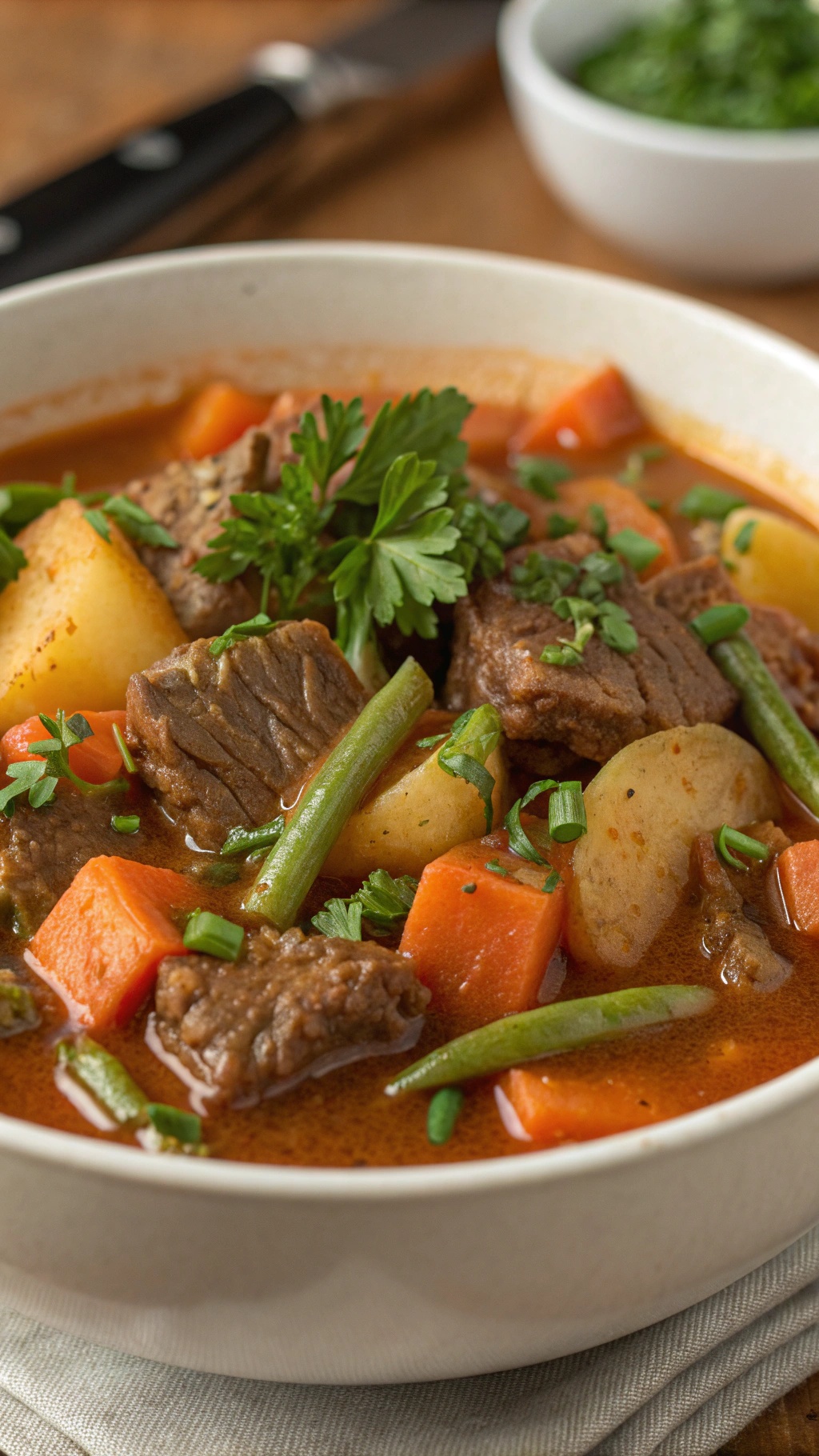 A bowl of hearty beef and vegetable stew with fresh herbs on top.