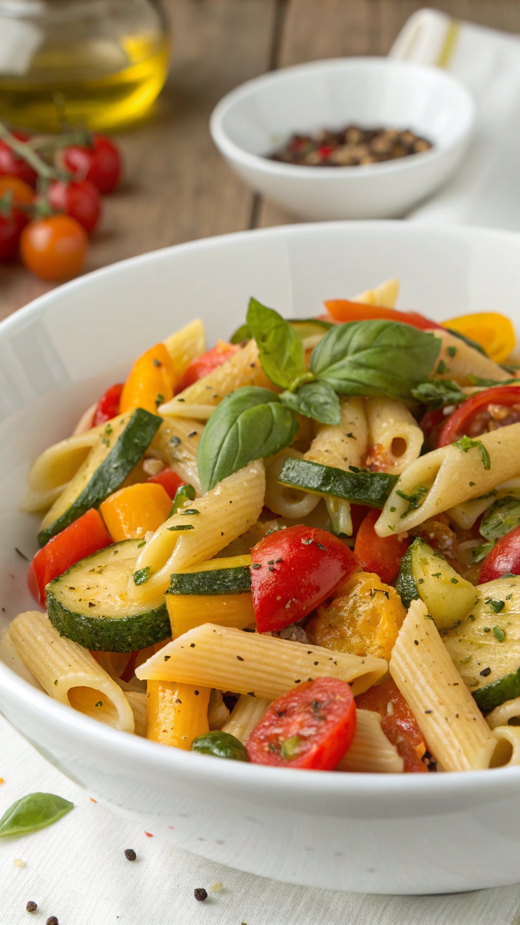 A bowl of hearty pasta primavera with seasonal vegetables, including zucchini, bell peppers, and cherry tomatoes.