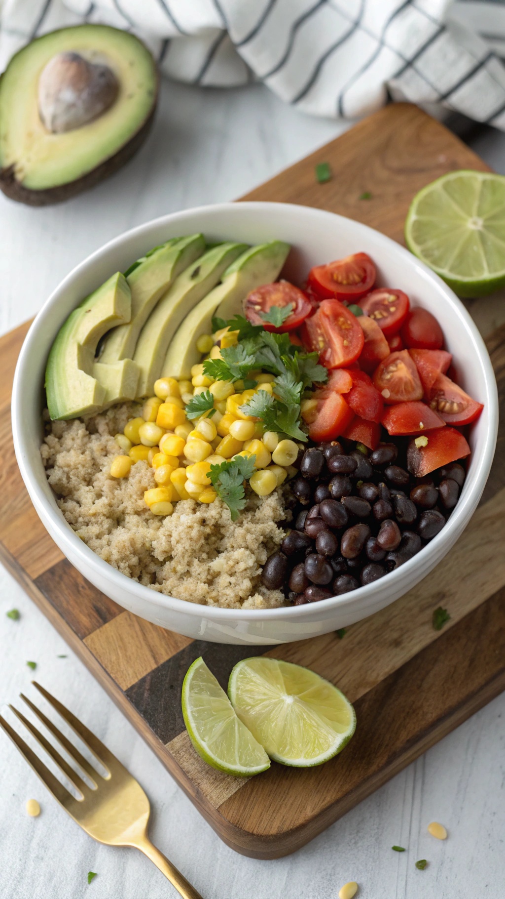 A colorful quinoa and black bean bowl with avocado, corn, tomatoes, and lime on a wooden board.