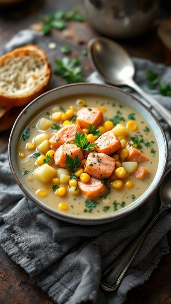 A bowl of hearty salmon chowder with chunks of salmon, corn, and potatoes, garnished with parsley, served with crusty bread.